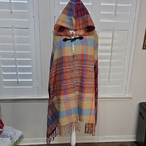 Colorful Plaid Hooded Shawl Poncho